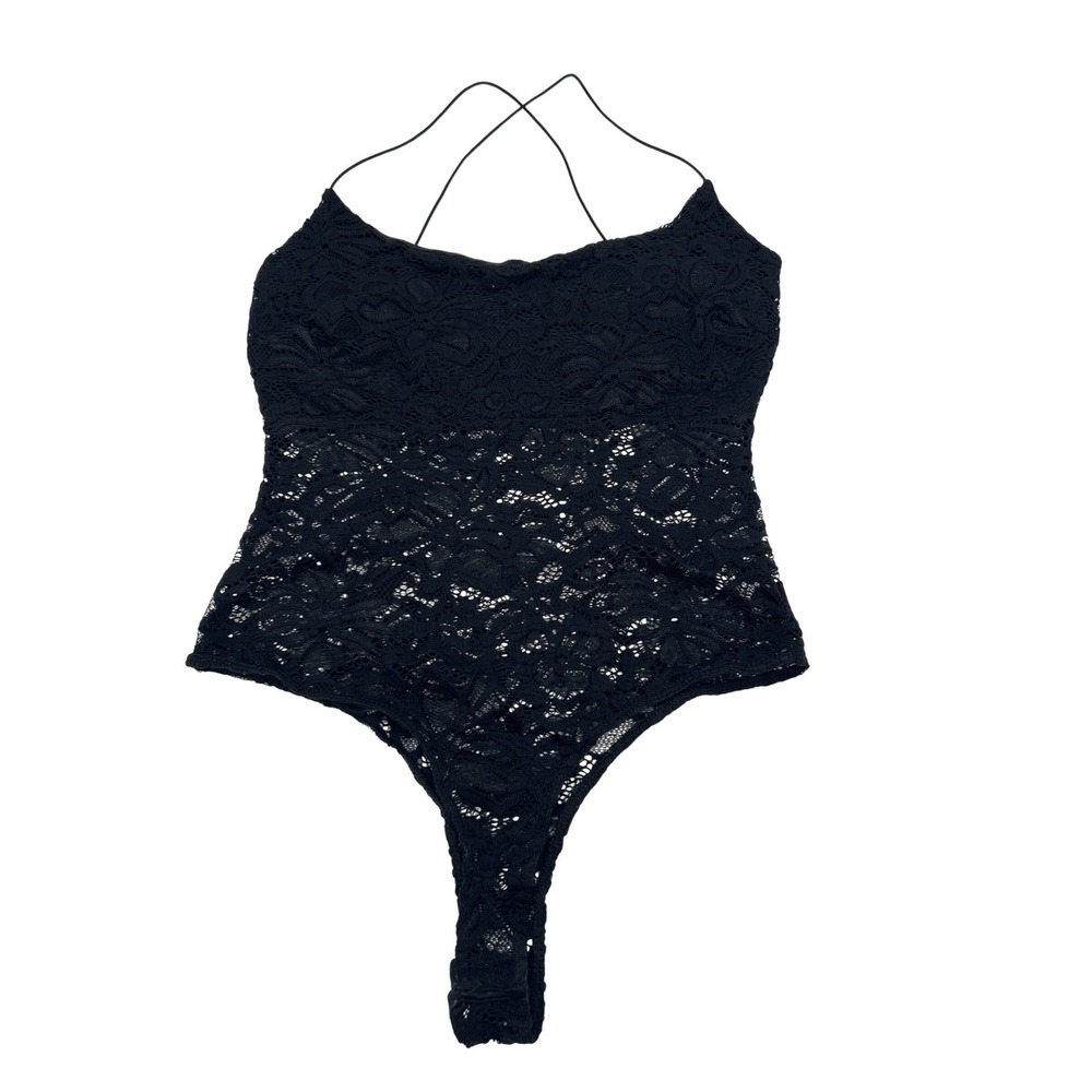 Windsor Womens Black Floral Lace‎ Bodysuit Crisscross Straps Thong Lined Bust